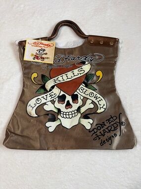 Vintage Ed Hardy Bronze Bag with Heart & Skull Graphic. NEW!